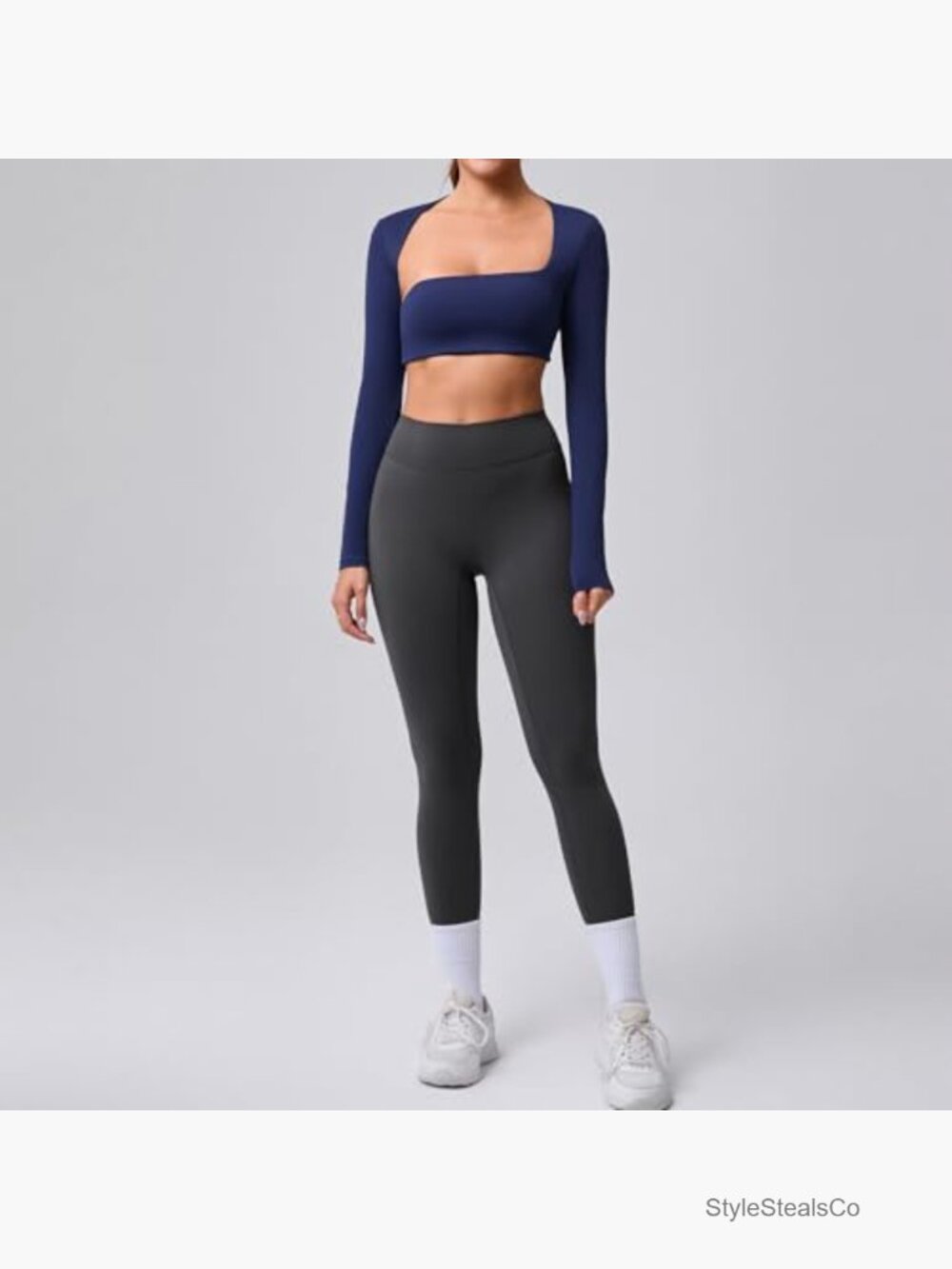 Square Neck Long Sleeve Crop Top with Built in Bra Cutout Back - Picture 6 of 7